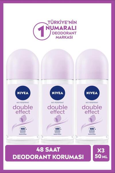 NIVEA Kadın Roll-on Deodorant Double Effect 50ml, Ter Kokusuna Karşı 48 Saat Koruma, X3 Adet