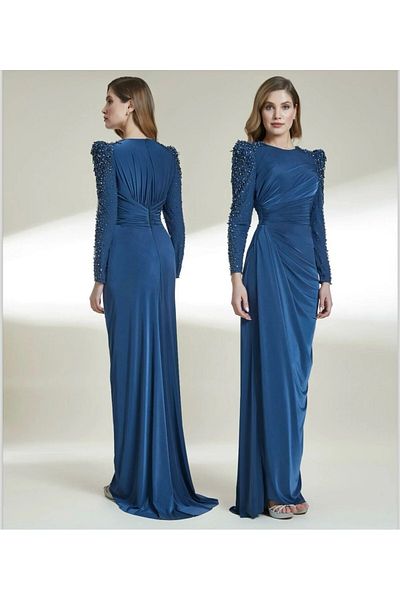 Hanımefendi Giyim Stone Detailed Evening Dress with Sleeves