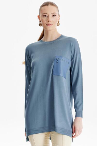 Tığ Triko Deri Cep Detaylı Triko Tunik GRİ MAVİ