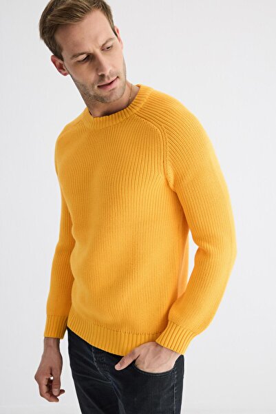 odelon Crew Neck Thessaloniki Knit Cotton Men's Yellow Knitwear Sweater