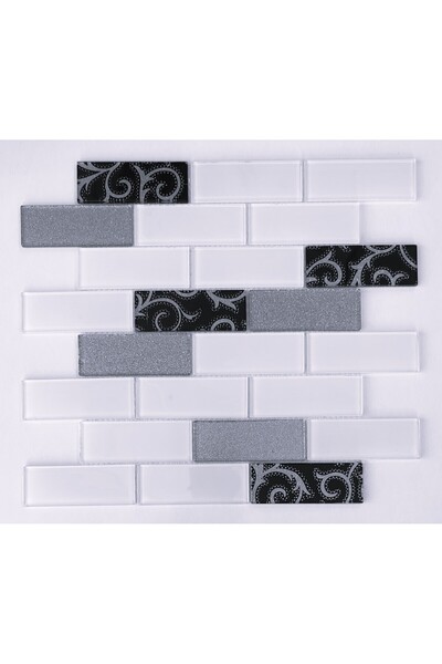 MozaiKristaL Mutfak tezgah arası 36x98mm Beyaz-Siyah-Gümüş 30x30cm Fileli Kri...