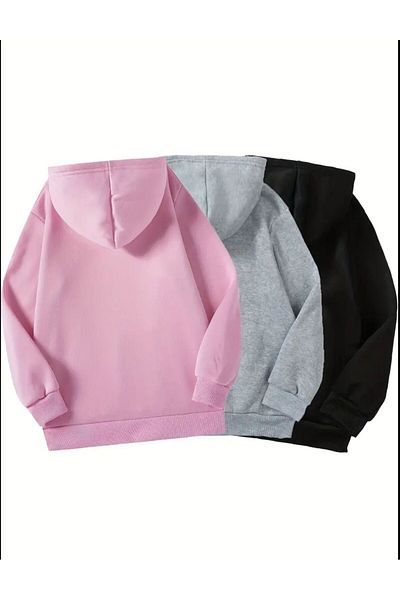 MORNİNG KİDS Girl's 3-Pack Hooded 3-Pack Heart Printed Pink-Black-Grey Sweatshirt