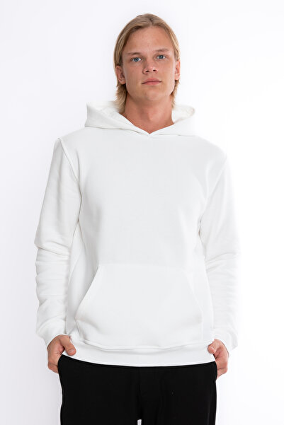 Giyimod Men's Ecru Hooded Kangaroo Pocket 3 Thread Ribbed Fleece Sweatshirt S...