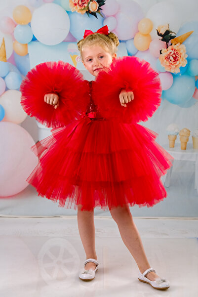 Sevimlice Kids Kız Çocuk Ponpon Kollu Tokalı Abiye Doğumgünü Elbisesi