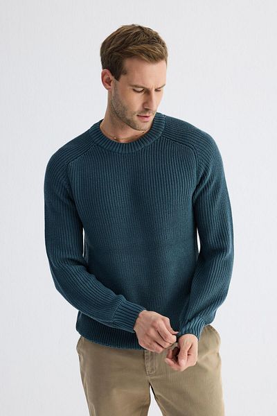 odelon Men's Crew Neck Thessaloniki Knit Cotton Knitwear Sweater Petrol