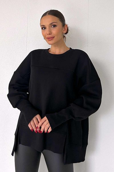 Mine Tan Butik Women's 3-Thread Finger Detailed Sweatshirt with Raised Inside - Black