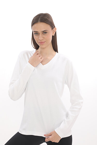 Giyimod KADIN EKRU V YAKA UZUN KOL %100 PAMUK İNTERLOK TİŞÖRT S-112