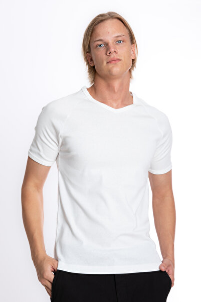 Giyimod Ecru V-Neck Rib Raglan Sleeve Men's T-Shirt - 100% Cotton, S-202