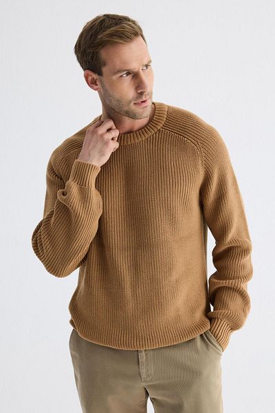 odelon Men's Milk Coffee Crew Neck Thessaloniki Knit Cotton Knitwear Sweater