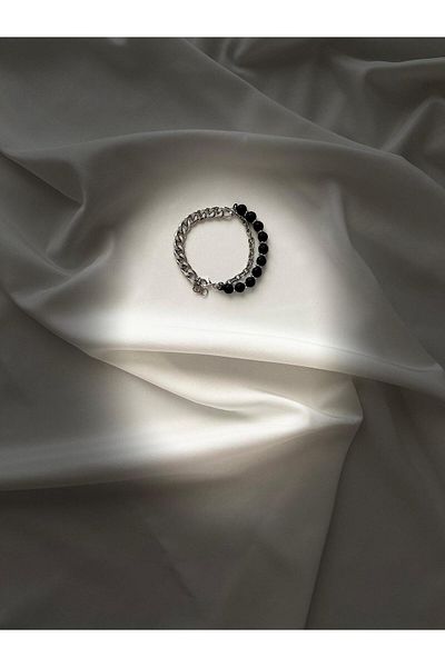 Store Men's Chain Detail Black Bead Bracelet