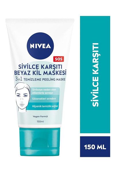 NIVEA 150ml 3in1 Anti-Acne White Clay Mask - Cleansing, Peeling, Mask and Pore Purifying