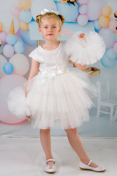 Sevimlice Kids Girl's Pompom Sleeves Buckle Evening Dress Birthday Dress