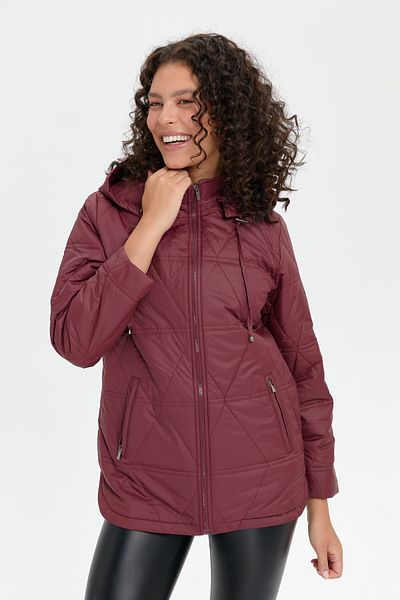Desen Triko Burgundy Hooded Triangle Patterned Women's Quilted Coat