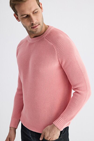 odelon Ανδρικό - Ροζ Πλεκτό Πουλόβερ, Crew Neck, Thessaloniki Knit, Βαμβακερό