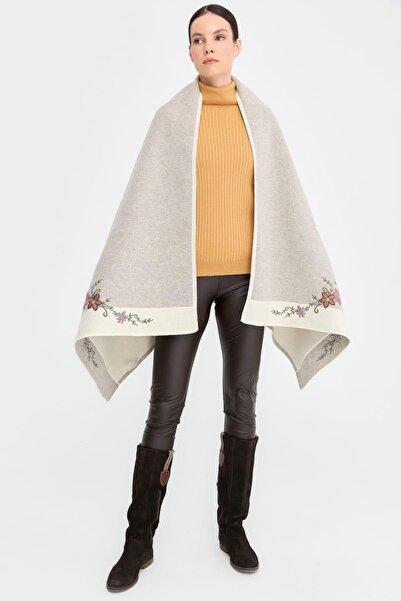 Desen Triko Γυναικείο Κέντημα Τριών Λουλουδιών Κεντημένο Μάλλινο Σάλι Κόκκαλο