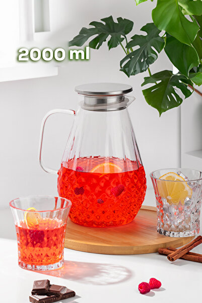 Porsima 20-0097 Borosilikat Cam Sürahi Metal Kapaklı Cam Karaf - Detoks Sürahi