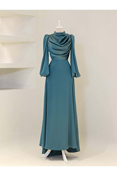 Hennin 24y4858 فستان سهرة ساتان - أمامي ثنيات زمرد 50