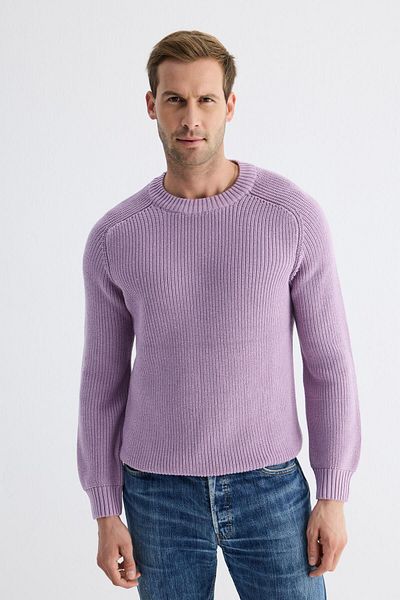 odelon Men's Lilac Knitwear Sweater - Crew Neck, Thessaloniki Knit, Cotton