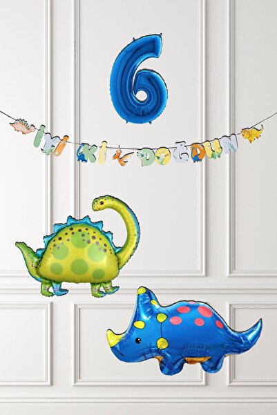 PEKSHOP Dinazor Tema Doğum Günü Balon Süsleme Seti Bannerlı Mavi Yaş Balonlu ...