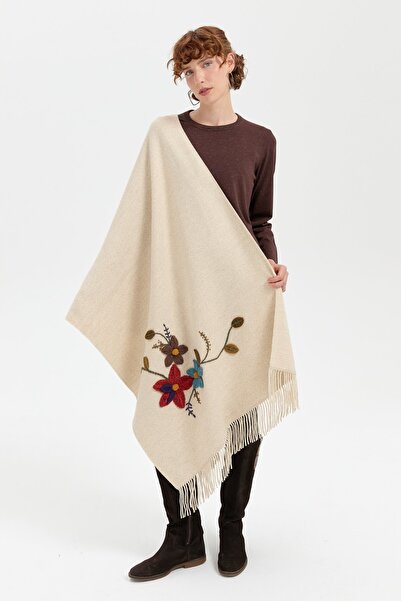 Desen Triko Melange Women's Shawl - Knitted Flower Embroidered and Tassel