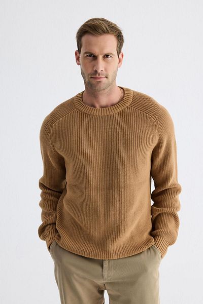 odelon Men's Milk Coffee Crew Neck Thessaloniki Knit Cotton Knitwear Sweater