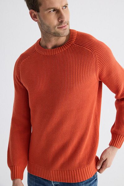 odelon Men's Orange Knitwear Sweater - Crew Neck, Thessaloniki Knit, Cotton