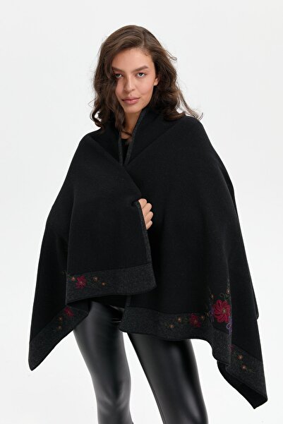 Desen Triko Black Embroidered Three-flower Women's Wool Shawl