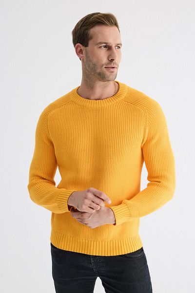 odelon Men's Crew Neck Thessaloniki Knitted Cotton Knitwear Sweater Yellow