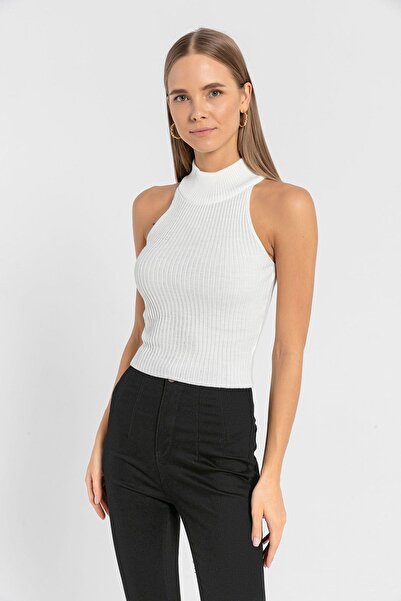 Miss Poem Women's Turtleneck Turtleneck Sleeveless Short Light Blue Knitwear Crop