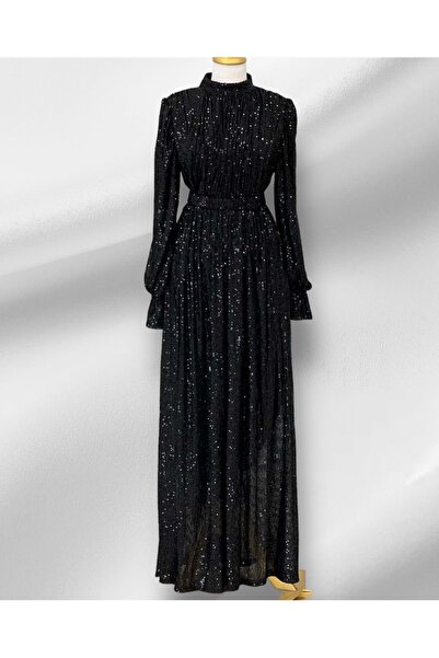 Tane 24Y4566 ABİYE ELBİSE ZARA PAYET İŞLEMELİ BELİ KEMERLİ SİYAH