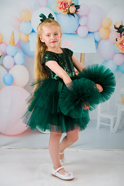 Sevimlice Kids Kız Çocuk Ponpon Kollu Tokalı Abiye Doğumgünü Elbisesi