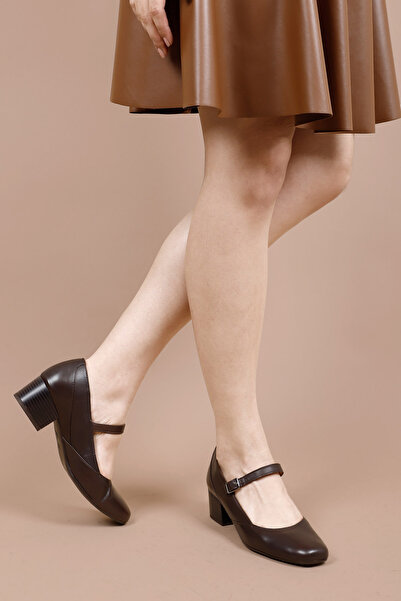 GÖNDERİ(R) Γυναικεία Καφέ Αντίκες Παπούτσια με κοντό χοντρό τακούνι από γνήσιο δέρμα