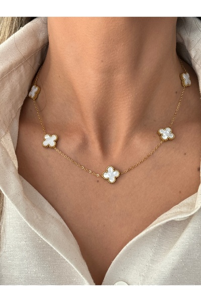 NUKHET IŞILAY White Color Large Size 5-Piece Yonca Model Steel Necklace