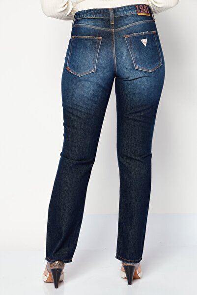 Guess Women's Straight Cut High Waist Washed Non Stretchy Jeans, Dark Blue