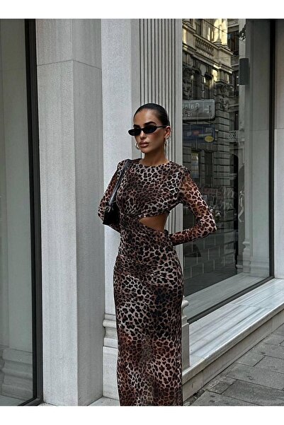Serica Moda Bel Detaylı Leopar Desenli Midi Elbise