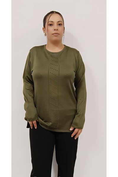 AKŞEN GİYİM LARGE SIZE THIN CORRATED COOL STRING FABRIC 70 CM FRONT GARNISHED LONG SLEEVE MOTHER BLUSE