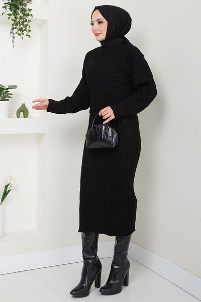 hafsamina Black Knitwear Set - Knitted Patterned Gilet Blouse Hm2559