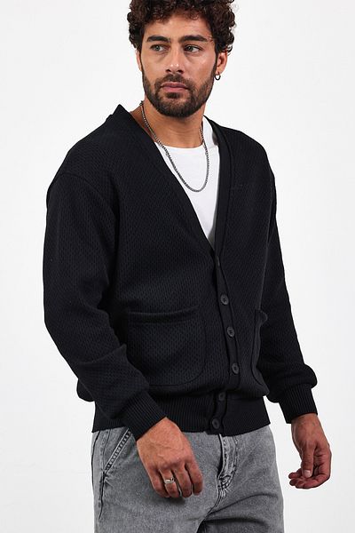 MADZEYMODA New Season Ανδρική ζακέτα με κουμπιά μαύρη πλεκτή τσέπη Mz89918