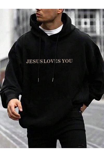 Harmandar Unisex Μαύρο φούτερ με κουκούλα - Jesus Loves You Printed, Kangaroo Pocket Hoodie