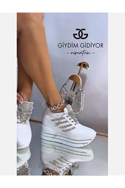 Santio Extreme Hidden Heel Sports Shoes with Crystal Gemstone White