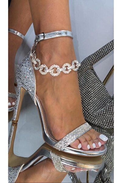 Giydim Gidiyor Vib Kristal Taşlı Topuklu Ayakkabı Gümüş