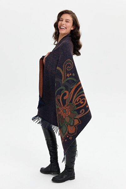 Desen Triko Темно-синій жіночий шарф великого розміру з великим квітковим візерунком - Ö.başı