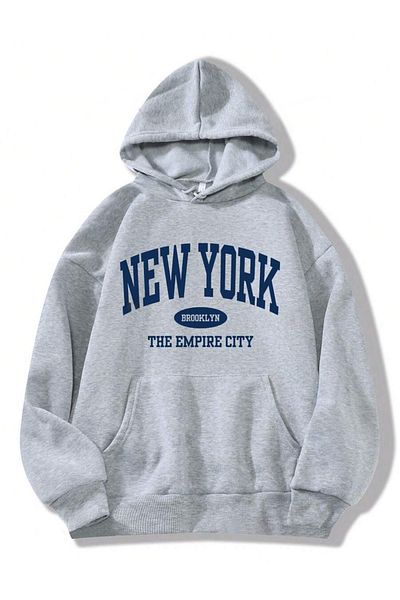 Harmandar Унисекс сив суитшърт с качулка - NewYork The Empire City Printed, суичър с джоб с кенгуру