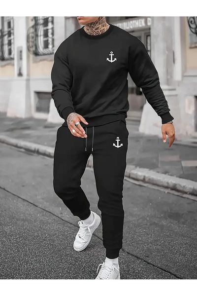 WOODROFFE Ανδρική αθλητική φόρμα Black Anchor Printed - Oversize Unisex Boyfirend