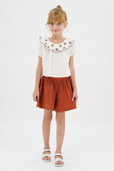 Panço Kız Çocuk Beli Lastikli Kiremit Şort