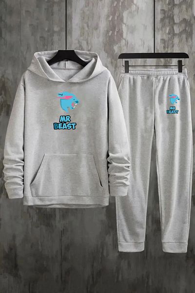 aynewmoda Комплект от сив суитшърт с качулка и сив анцуг с щампа отпред
