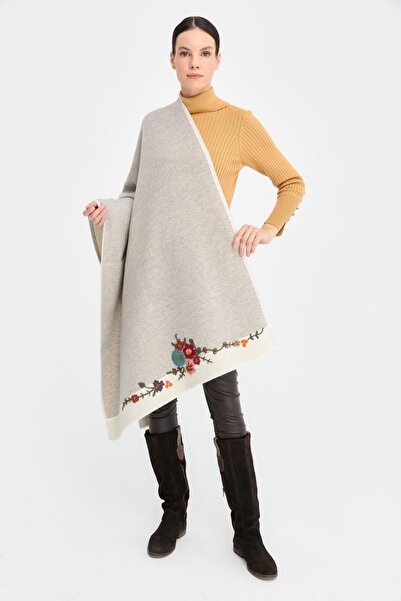Desen Triko Γυναικείο μάλλινο σάλι με κέντημα με λουλούδια στα δύο άκρα