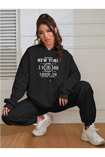 my feminen قصة فضفاضة  كوليج مطبوع طقم رياضي 2 خيط