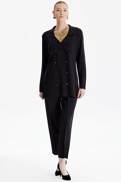 Tığ Triko Black Knitwear Double Breasted Jacket and Trousers Set