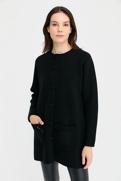 Desen Triko Women's Stand Collar Araboy Wool Cardigan Black